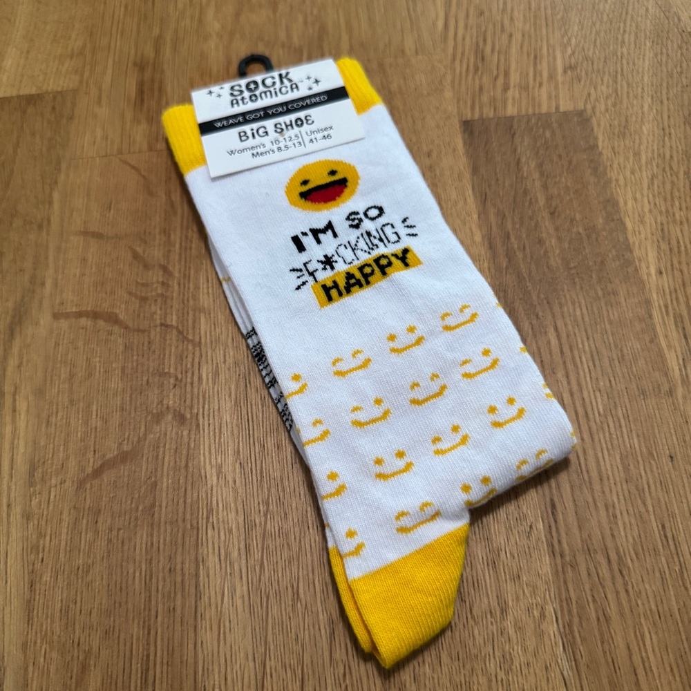 Sock Atomica White Yellow I'm So Fucking Happy Unisex Socks NEW
